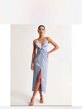 Satin Twist-Front Slip Dress in Light Blue